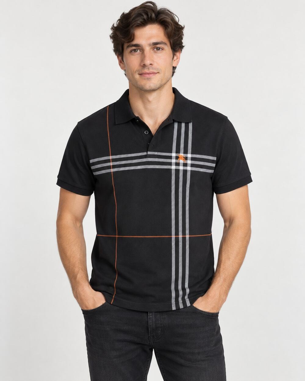 Burberry London Polo Shirt Mens M Black Plaid Check Equestrian Knight Logo